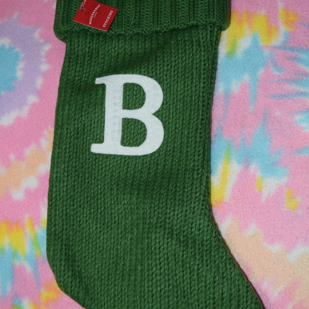 Classic Christmas Initial Stocking Green White Holiday Simple Brand New monogram